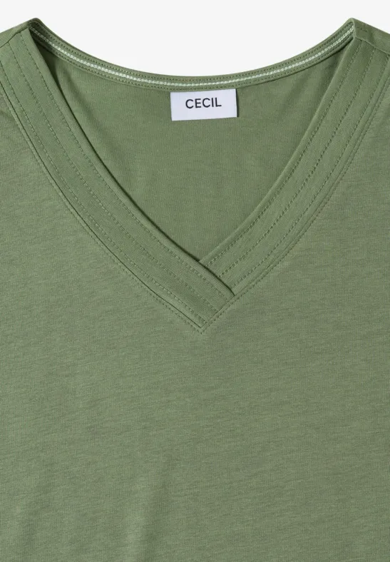 Grünes Damen-T-Shirt mit V-Ausschnitt und kurzen Ärmeln, schlicht und lässig.