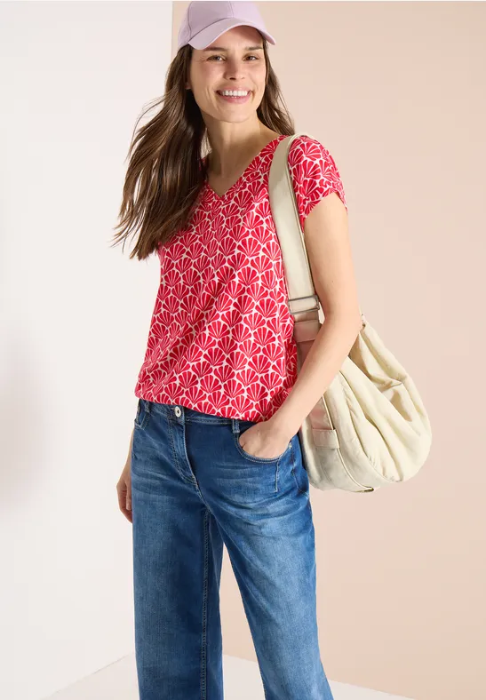 T-Shirt mit V-Neck und Muschelprint glazed apple red