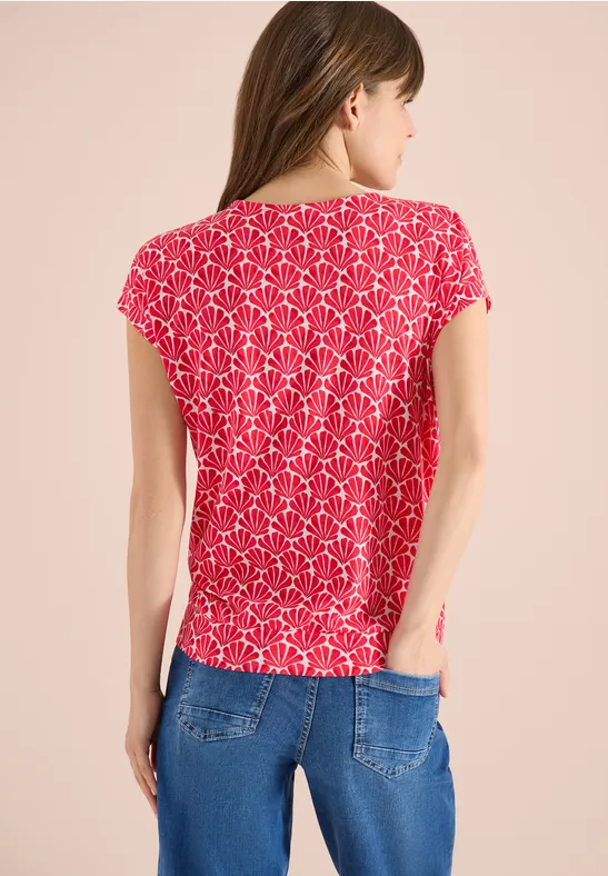 T-Shirt mit V-Neck und Muschelprint glazed apple red