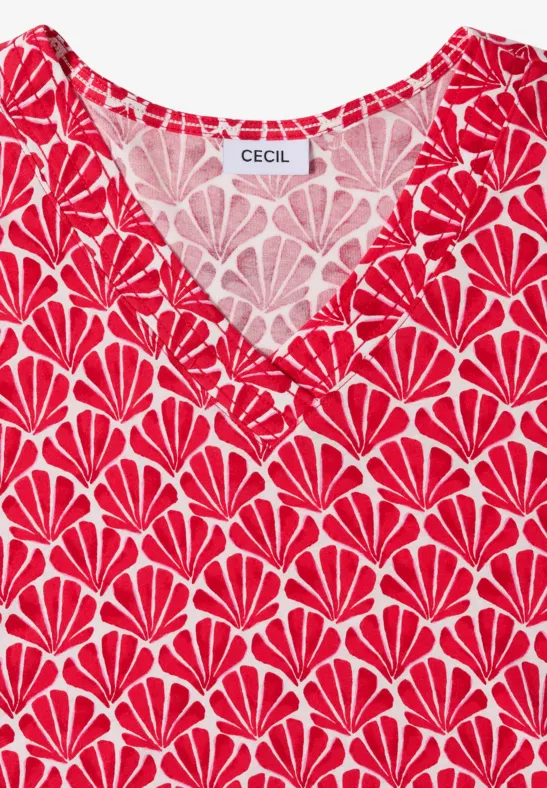 T-Shirt mit V-Neck und Muschelprint glazed apple red