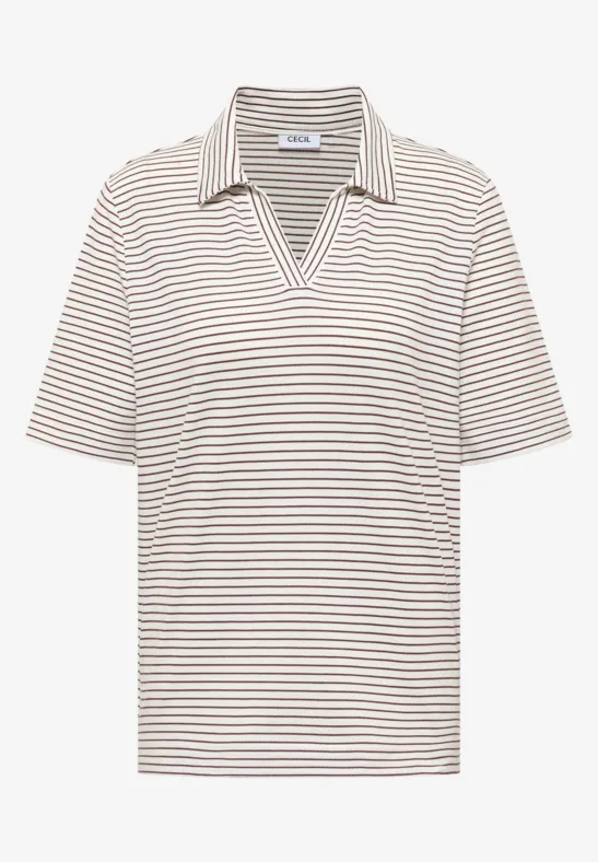 Kurzärmeliges Polo-Shirt mit feinen beige-weißen Streifen.