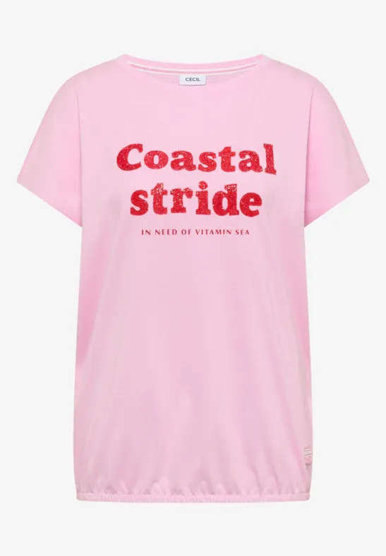 Rosa T-Shirt mit rotem Schriftzug "Coastal stride in need of vitamin sea"