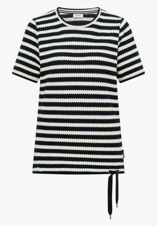Kurzärmeliges Shirt mit schwarz-weißen Streifen und seitlicher Schleife am Saum.