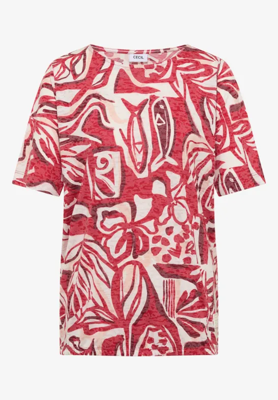Rotes und weißes T-Shirt mit abstraktem floralem Muster und kurzen Ärmeln