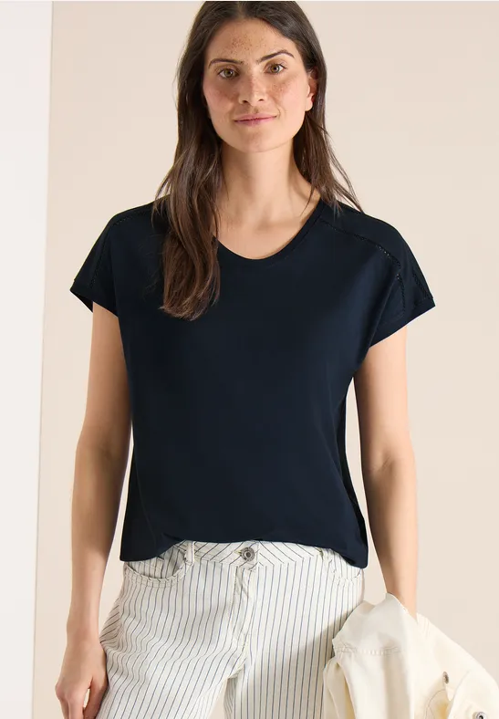 T-Shirt mit V-Neck und Spitzendetail universal blue