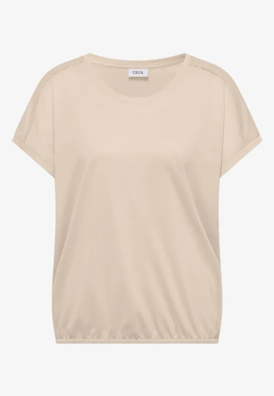 T-Shirt mit V-Neck und Spitzendetail pearl beige