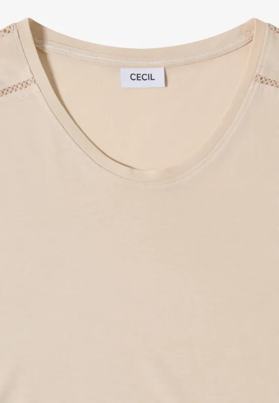 T-Shirt mit V-Neck und Spitzendetail pearl beige