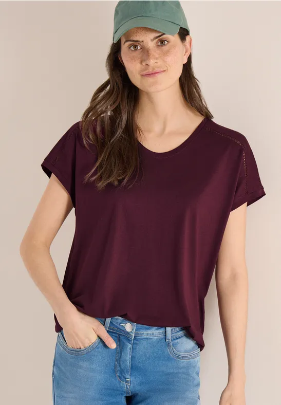 T-Shirt mit V-Neck und Spitzendetail sweet grape red