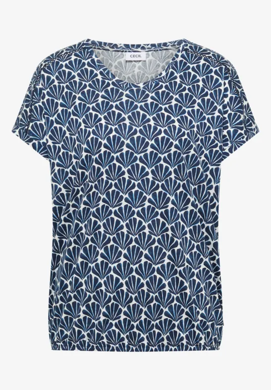 Damen-T-Shirt mit V-Ausschnitt, kurzem Arm und blau-weißem geometrischem Muster.