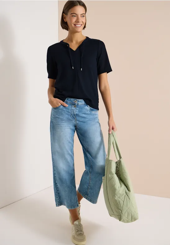 Kurzarm Bluse mit Split Neck und Bändern universal blue