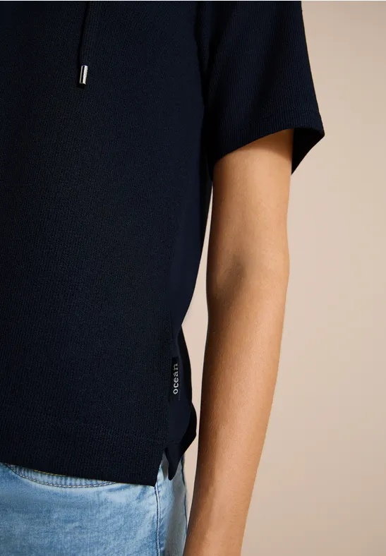 Kurzarm Bluse mit Split Neck und Bändern universal blue