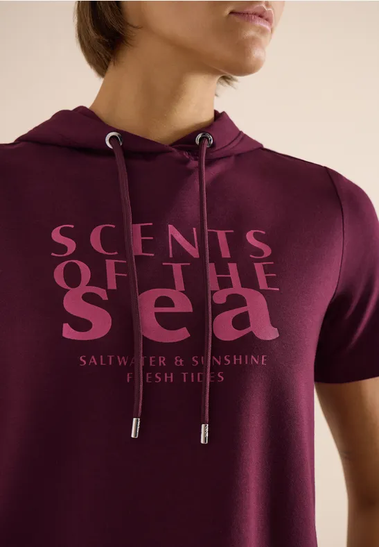 Dunkelviolettes Kapuzen-Sweatshirt mit Kordeln und Aufdruck "Scents of the Sea".