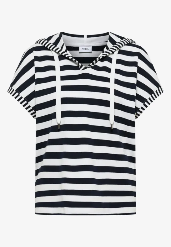 Kurzärmliges Kapuzen-Shirt mit weißen und dunkelblauen Querstreifen und Kordelzug
