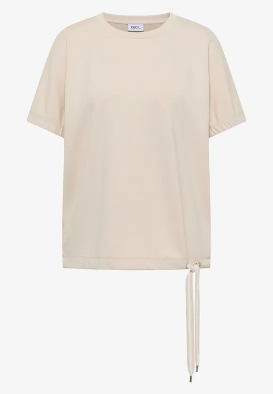 Beiges T-Shirt mit Rundhalsausschnitt, kurzen Ärmeln und seitlichem Kordelzug am Saum.