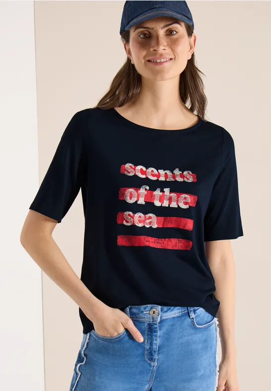T-Shirt mit Boatneck und Wording universal blue