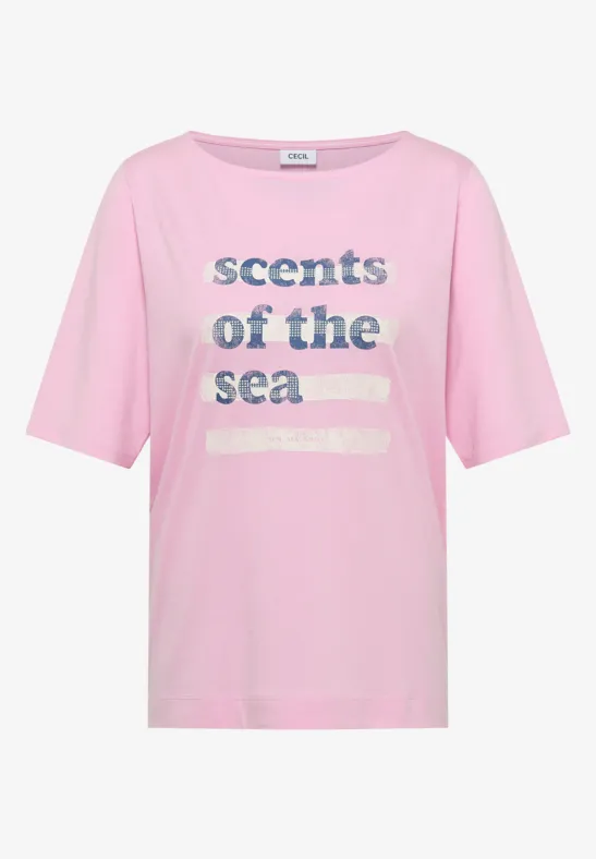 T-Shirt mit Boatneck und Wording light blush rose