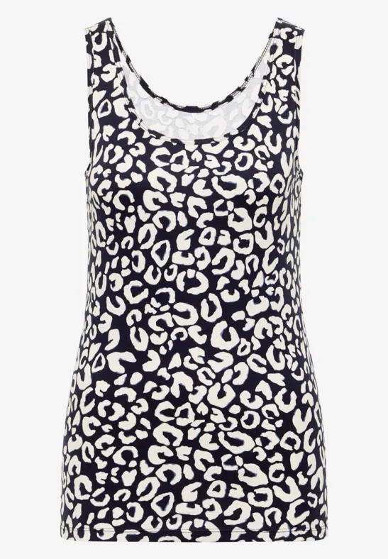 Ärmelloses, tailliertes Top in Schwarz-Weiß mit Leopardenmuster.