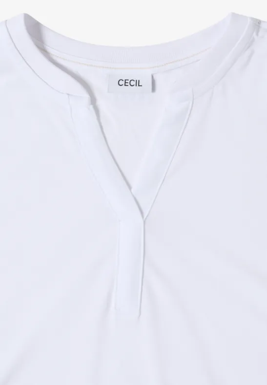 Schlichtes weißes Damen-T-Shirt mit V-Ausschnitt und Etikett 'CECIL'.
