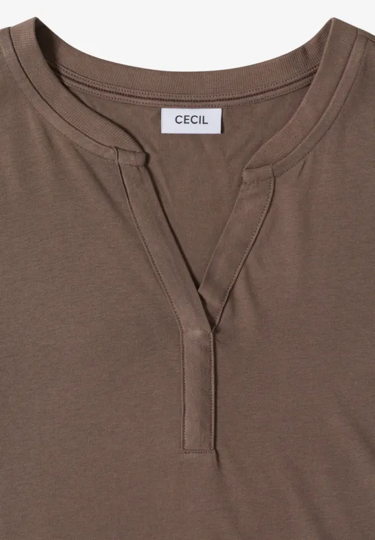 Schlichtes braunes Langarmshirt mit V-Ausschnitt und 'CECIL'-Label am Nacken.
