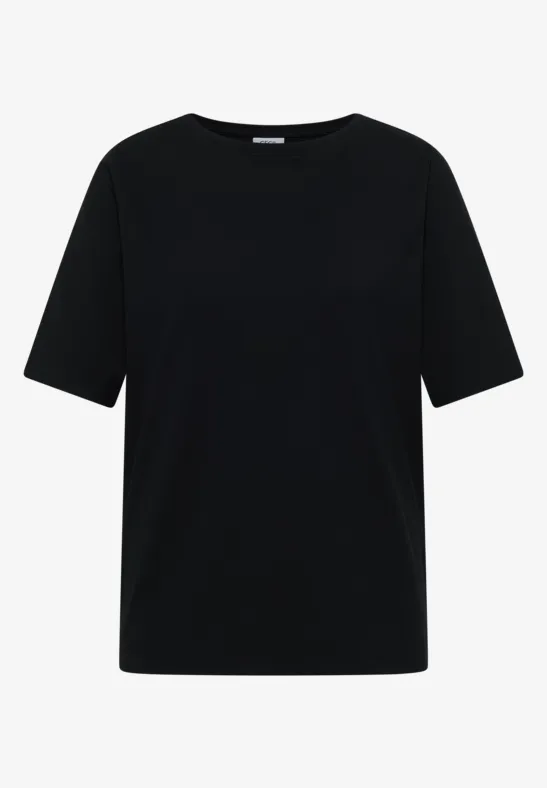 Schlichtes, schwarzes T-Shirt mit kurzem Ärmel und Rundhalsausschnitt.
