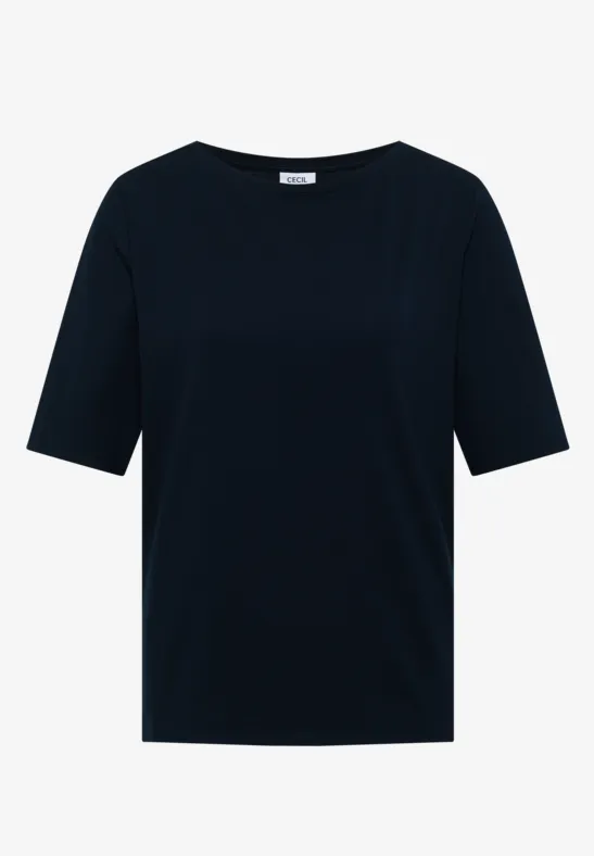 Dunkelblaues T-Shirt mit halblangen Ärmeln und rundem Ausschnitt.