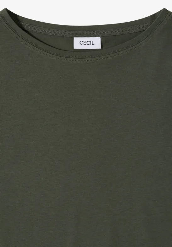 Olivgrünes T-Shirt mit Rundhalsausschnitt und ‚CECIL‘-Label im Nacken.