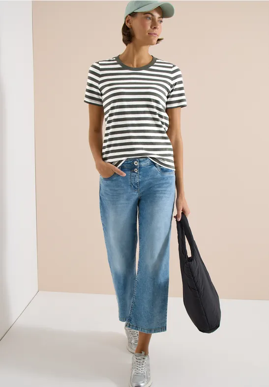 T-Shirt mit Rundhals und Streifen khaki