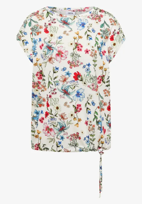Weißes Damen-T-Shirt mit buntem Blumenmuster, kurzem Ärmel und seitlicher Kordel zum Binden.