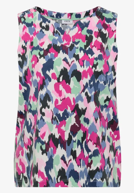 Bunt gemustertes ärmelloses Damen-Top mit rundem Ausschnitt und abstraktem Camouflage-Print in Pink, Grün und Blau.