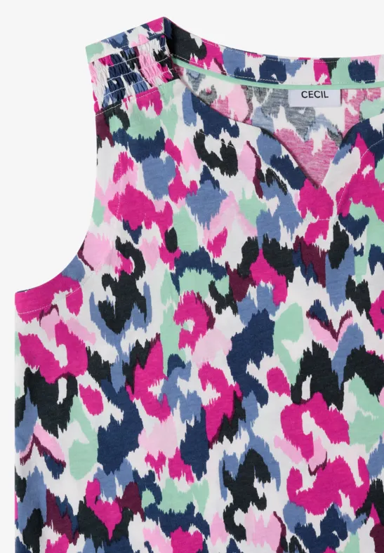 Bunt gemustertes, ärmelloses Oberteil mit abstraktem Leoparden-Print.