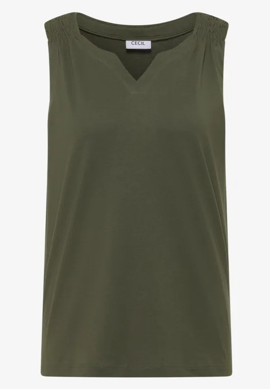 Ärmelloses, olivgrünes Top mit V-förmigem Ausschnitt