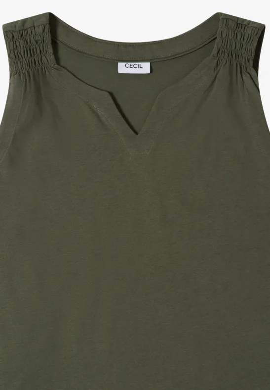 Ärmelloses khaki Damen-Top mit V-Ausschnitt und gerafften Schultern.