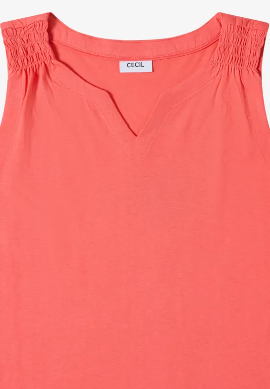 Korallenfarbene ärmellose Bluse mit geschlitztem V-Ausschnitt und gerafften Schultern von CECIL.