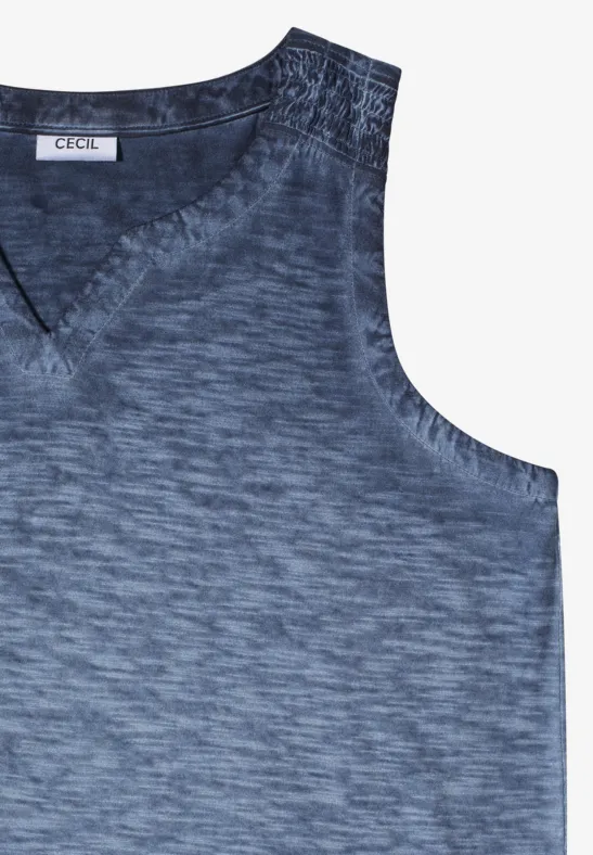 Grau-blau meliertes ärmelloses Oberteil mit V-Ausschnitt aus leicht strukturiertem Stoff.