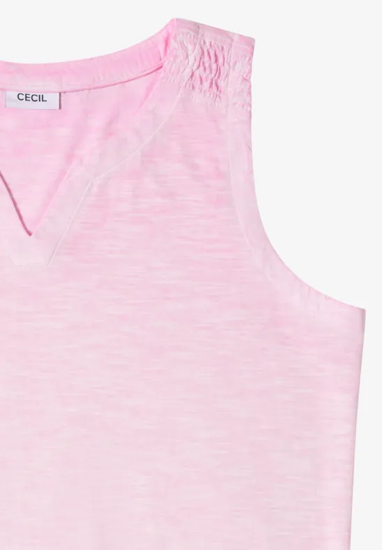 Rosafarbenes ärmelloses Top mit V-Ausschnitt und Spitzenbesatz