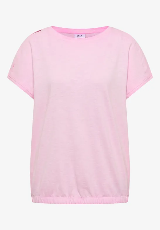 T-shirt ample rose à manches courtes, col rond dégagé et ourlet élastiqué.