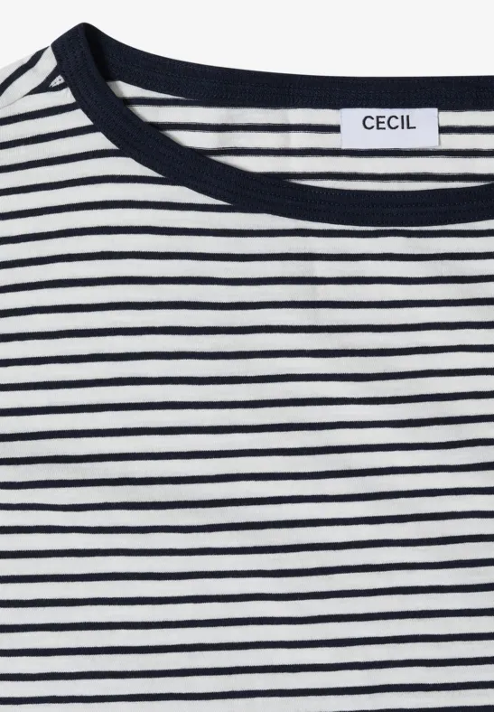 Weiß-schwarz gestreiftes Shirt mit Rundhalsausschnitt und CECIL-Label.