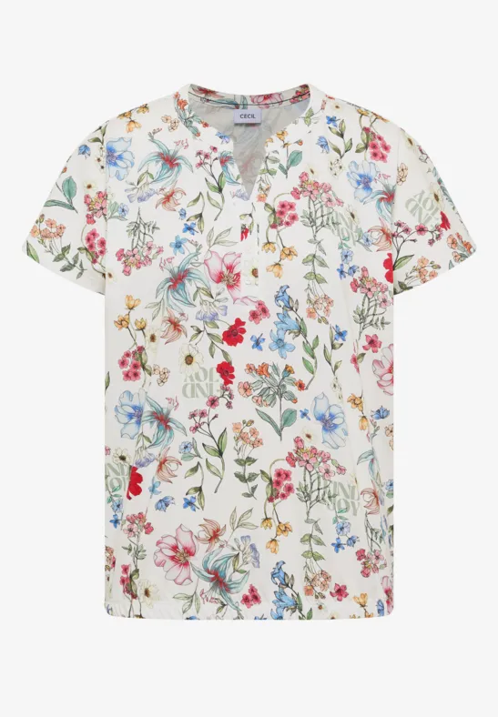 T-shirt blanc femme à manches courtes, col V, imprimé fleuri multicolore délicat.