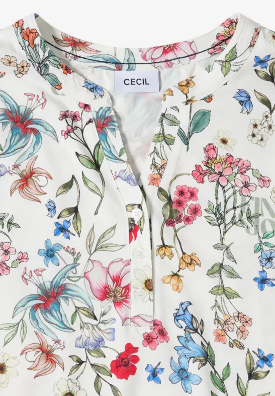 Chemisier blanc à motif floral multicolore avec patte de boutonnage et étiquette CECIL.