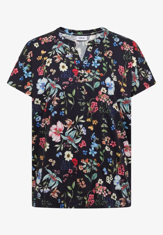 Schwarzes T-Shirt mit buntem Blumenmuster, kurzer Arm, V-Ausschnitt.