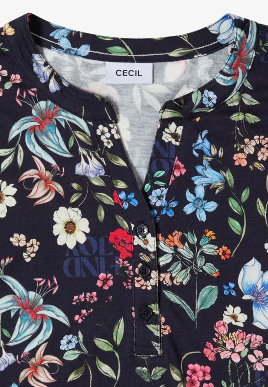 Dunkelblaues Damenoberteil mit V-Ausschnitt und buntem Blumenmuster von CECIL.