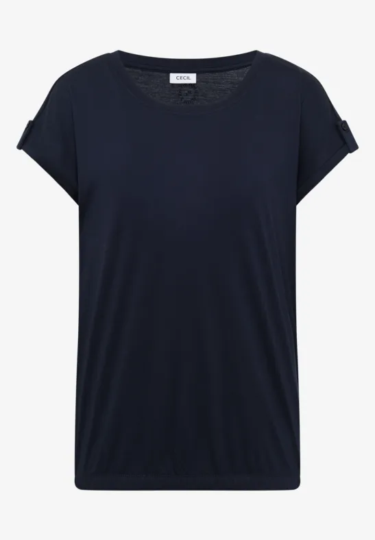 T-shirt marine à coupe décontractée, encolure bateau et manches courtes retroussées.