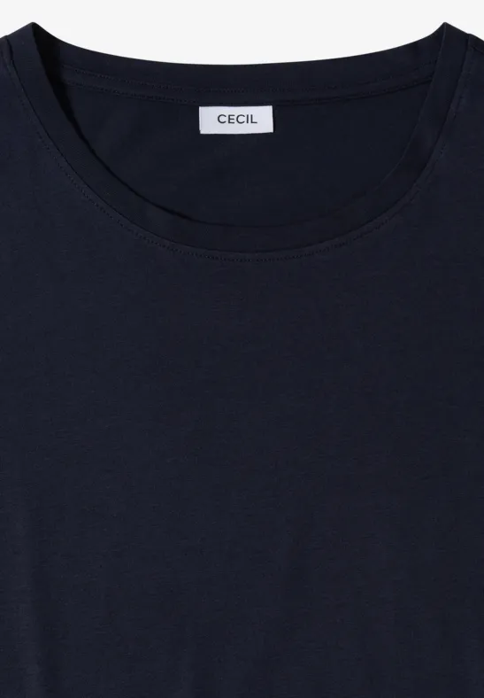 T-shirt bleu marine uni avec col rond et étiquette CECIL.