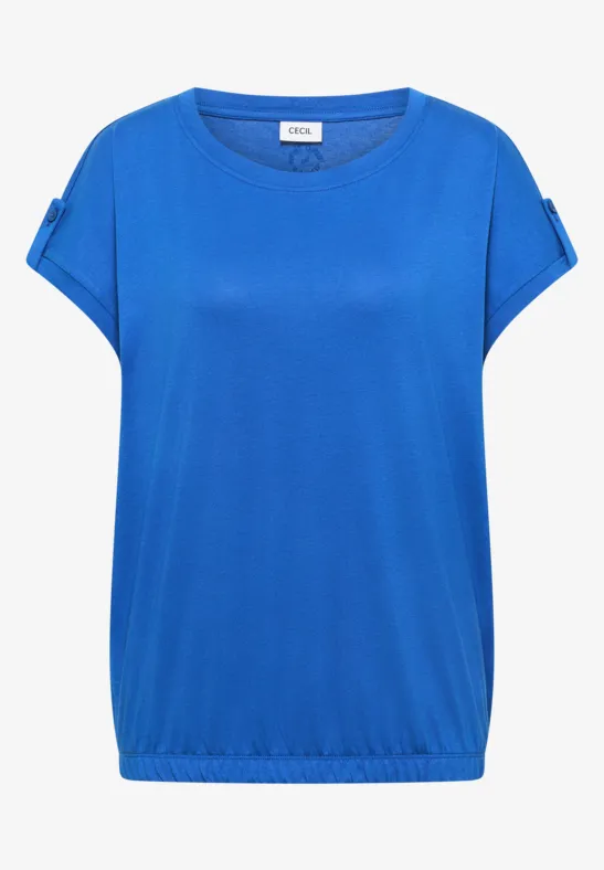 Top féminin ample bleu vif à manches retroussées, encolure ronde et taille élastiquée pour un style décontracté.