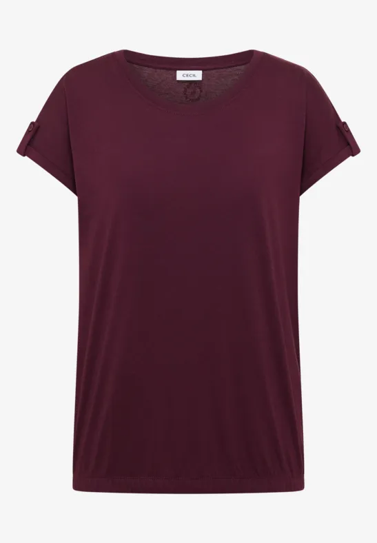 Un t-shirt basique à manches courtes couleur prune foncée avec revers aux manches.