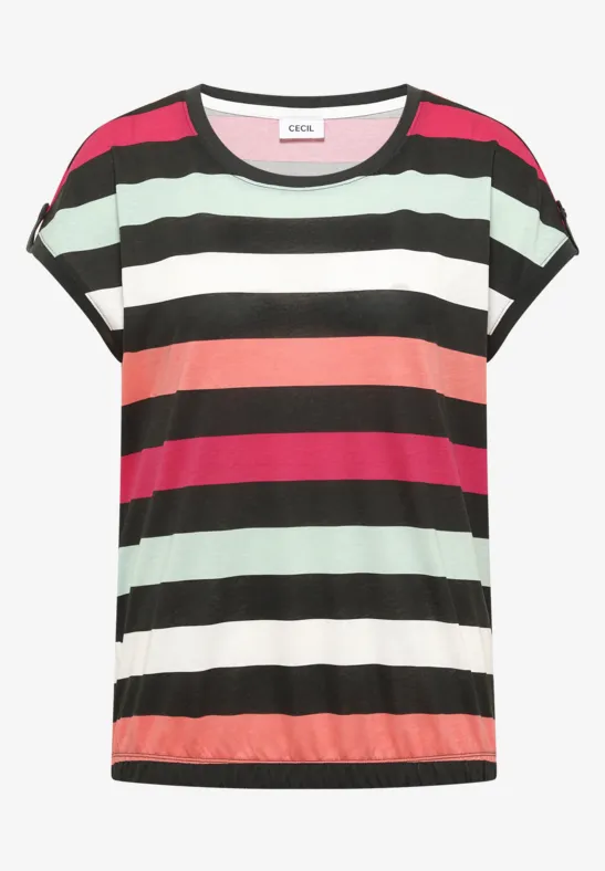 Kurzärmeliges T-Shirt mit bunten horizontalen Streifen in Schwarz, Weiß, Mintgrün, Koralle und Pink.