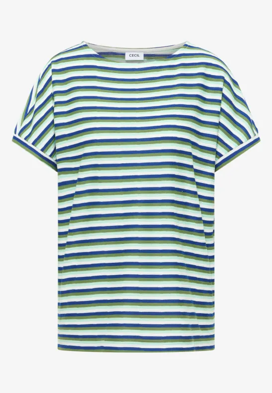 Weißes T-Shirt mit horizontalen grünen und blauen Streifen und kurzen Ärmeln.
