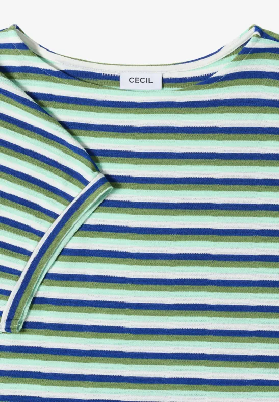Ein kurzärmliges T-Shirt mit weißen, grünen und blauen Streifen.
