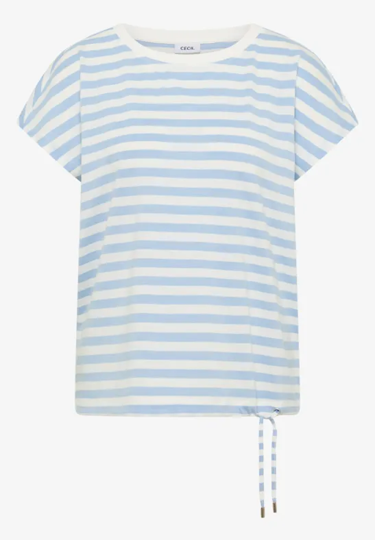 Hellblau-weiß gestreiftes T-Shirt mit Kurzärmeln und Tunnelzug am Saum.