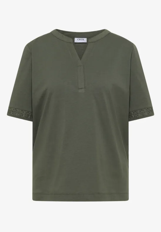 Kurzärmeliges, olivgrünes T-Shirt mit V-Ausschnitt und kurzer Knopfleiste.